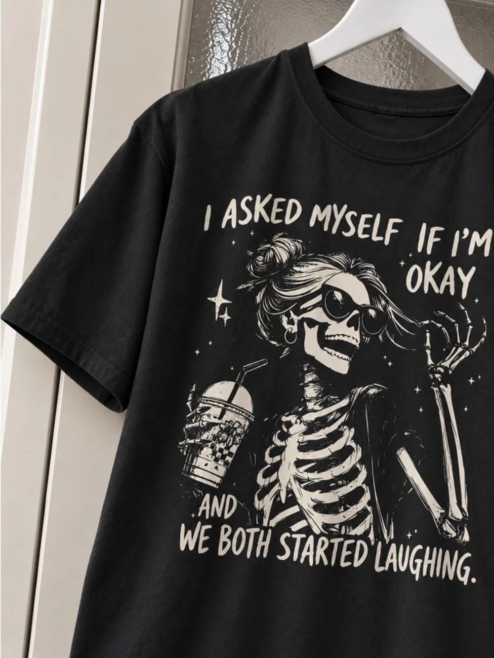 Skeleton Women Tee - Halloween Graphic Black T-Shirt for Girls